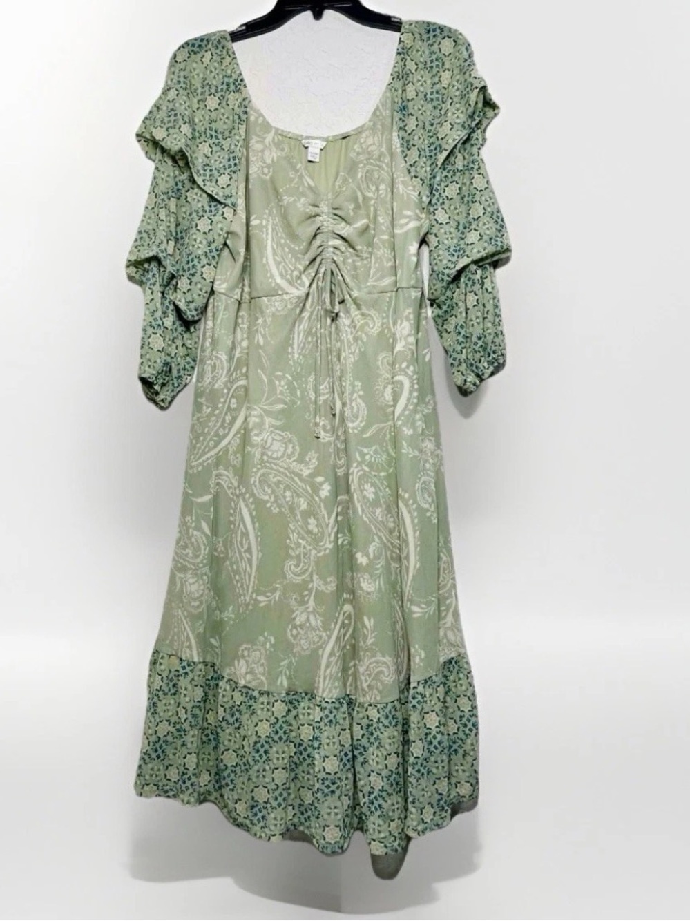 Cato Light Sage Paisley Midi Dress with Ruffle Sleeves